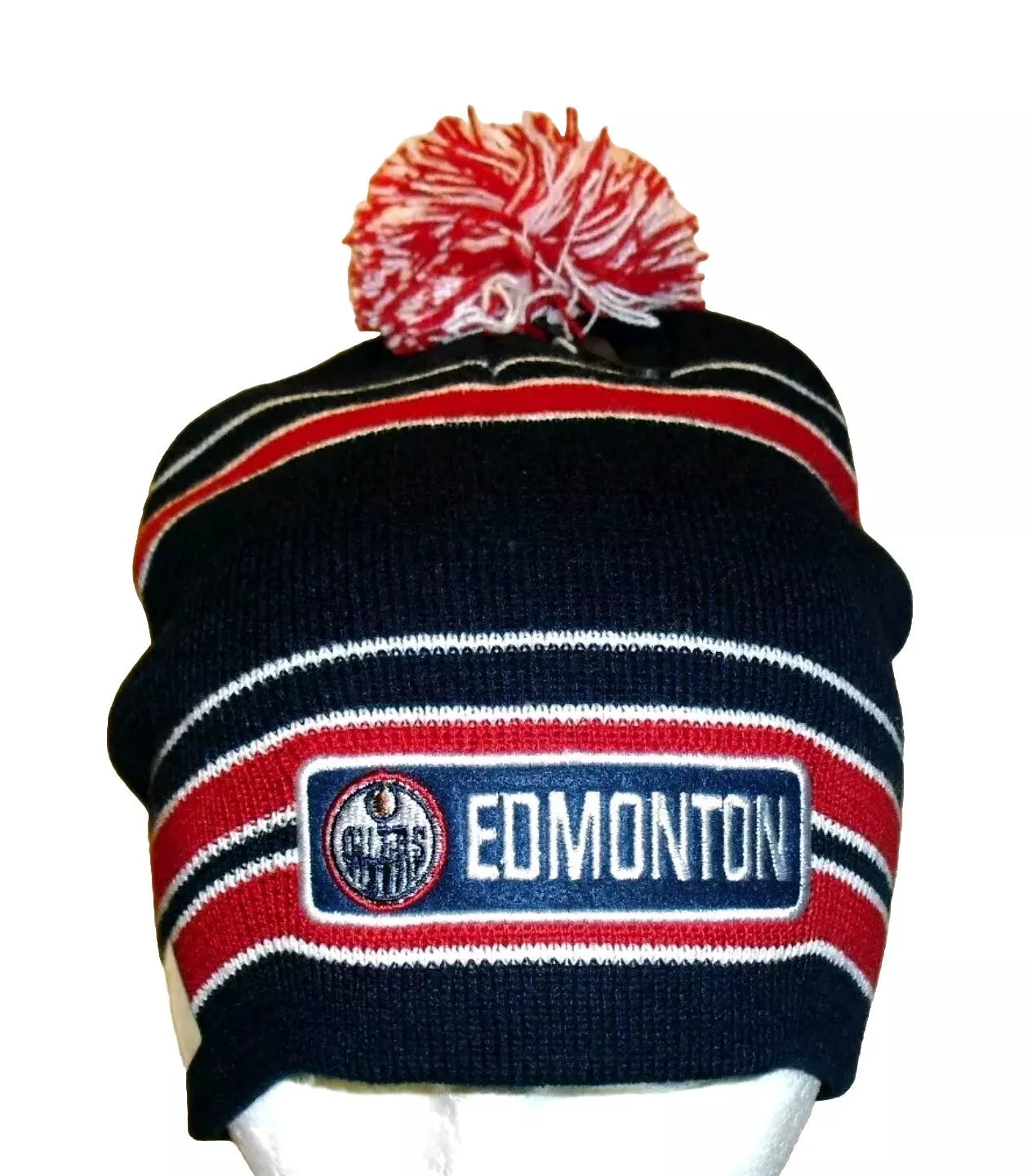 Edmonton Oilers Mens Adult Stripes Beanie Pom Winter Hat Cap New Nhl