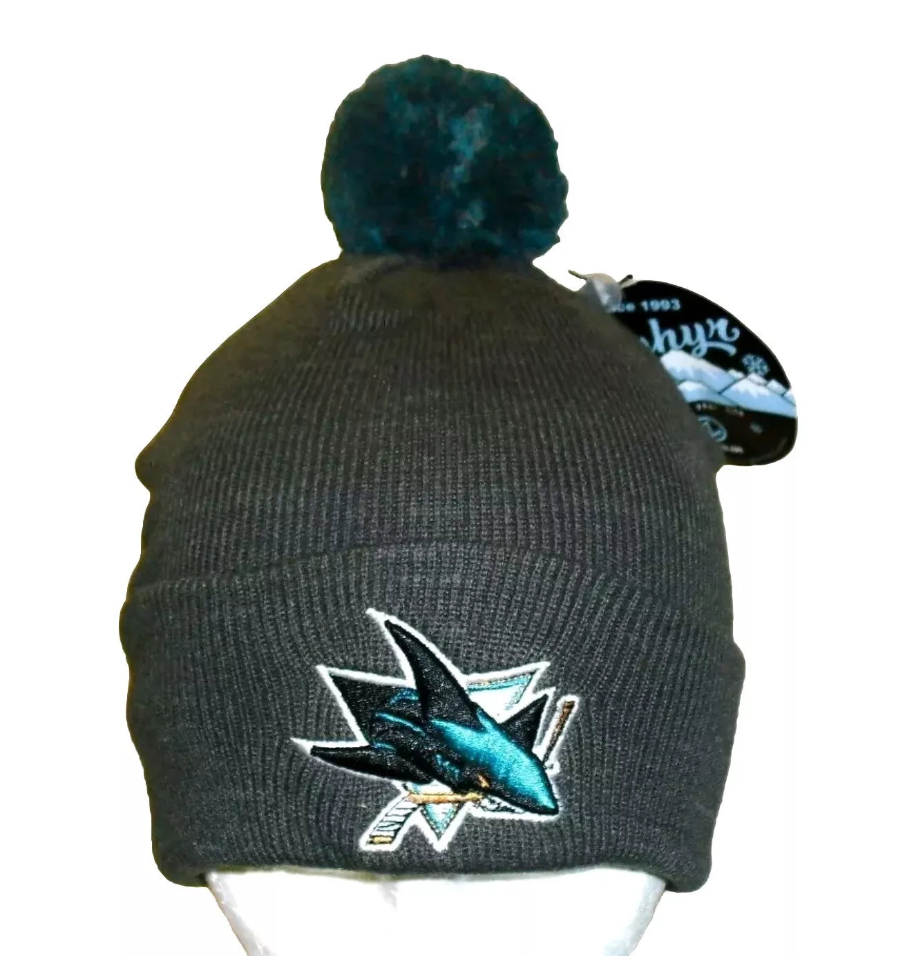 San Jose Sharks Mens Zephyr Adult Grey Beanie Pom Cuffed Winter Hat Cap New Nhl