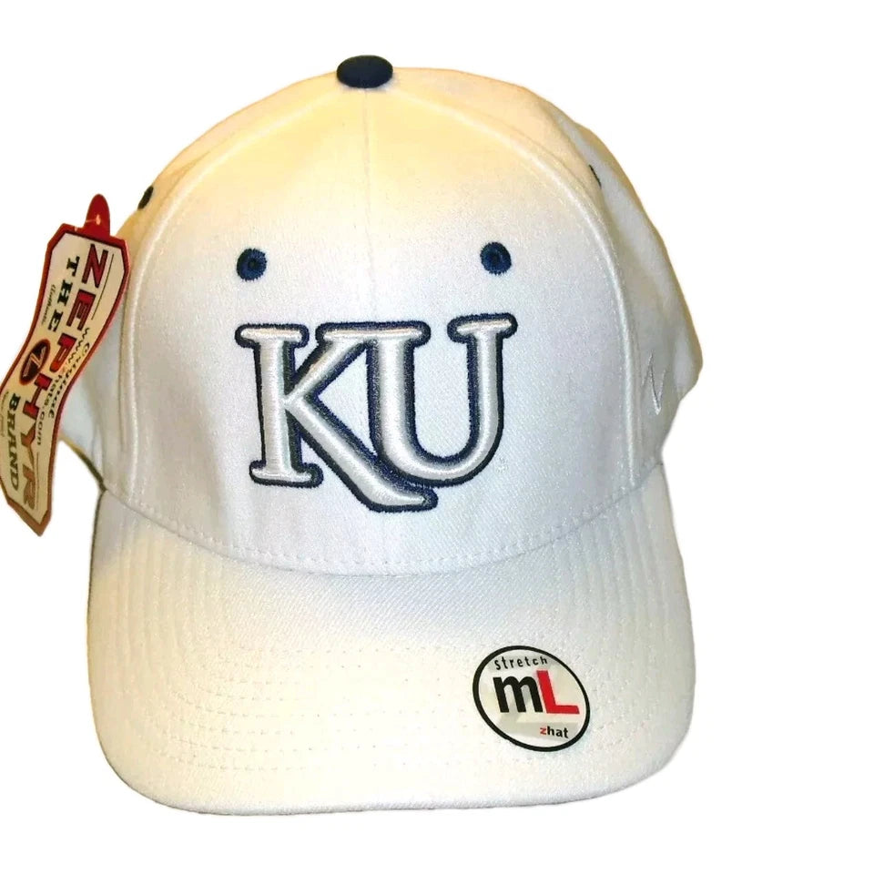 Kansas Jayhawks Mens Zephyr White Stretch Fit hat Cap sz. Medium Large New Ncaa