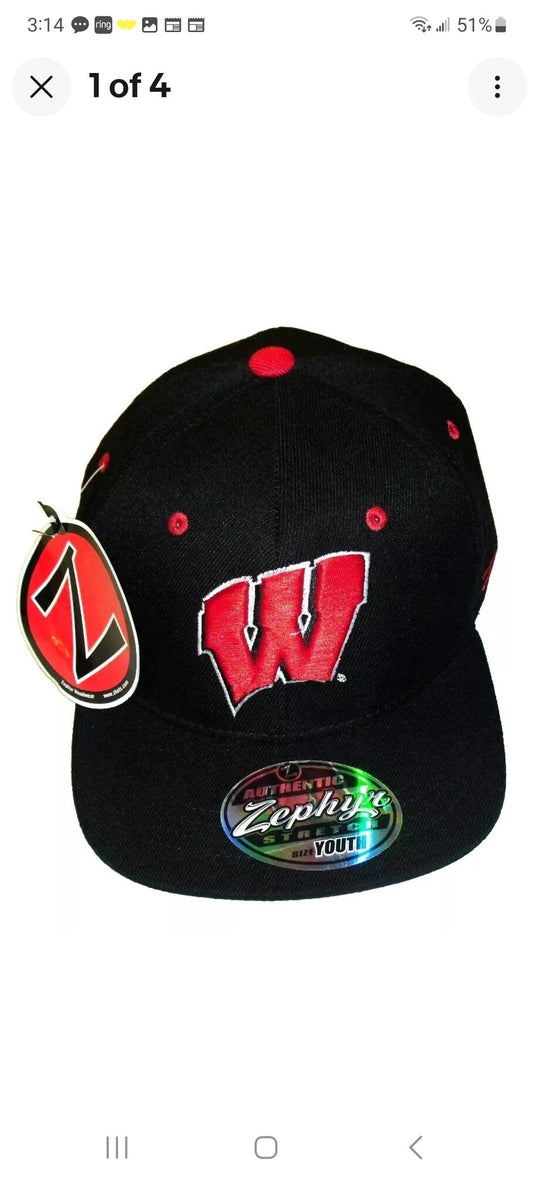 Wisconsin Badgers Kids Youth Boys Zephyr Black Stretch Fit hat cap New Ncaa