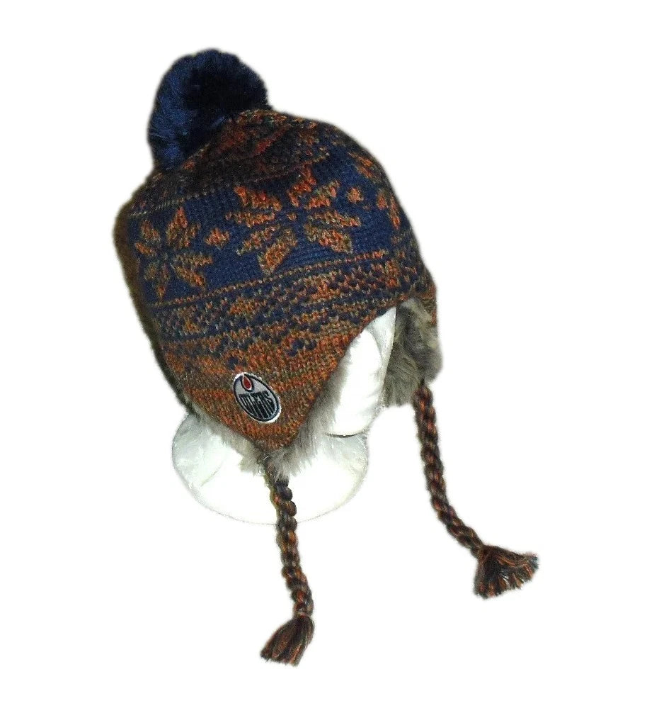 Edmonton Oilers Mens Adult Beanie Tassels Winter Hat Cap Fur Inside Lining New