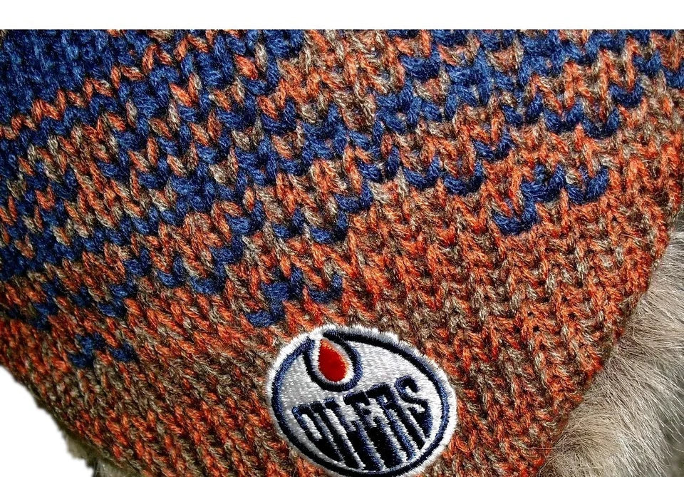 Edmonton Oilers Mens Adult Beanie Tassels Winter Hat Cap Fur Inside Lining New
