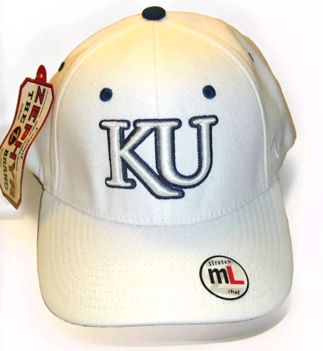 Kansas Jayhawks Mens Zephyr White Stretch Fit hat Cap sz. Medium Large New Ncaa