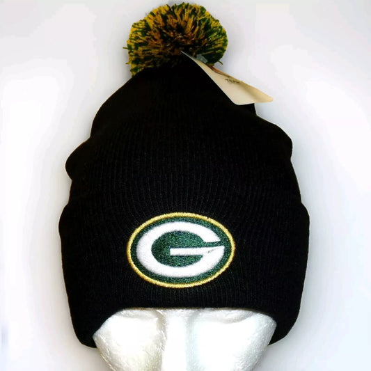 Green Bay Packers Mens Adult Black Color Pom Beanie Winter Hat Cap New Tags Nfl