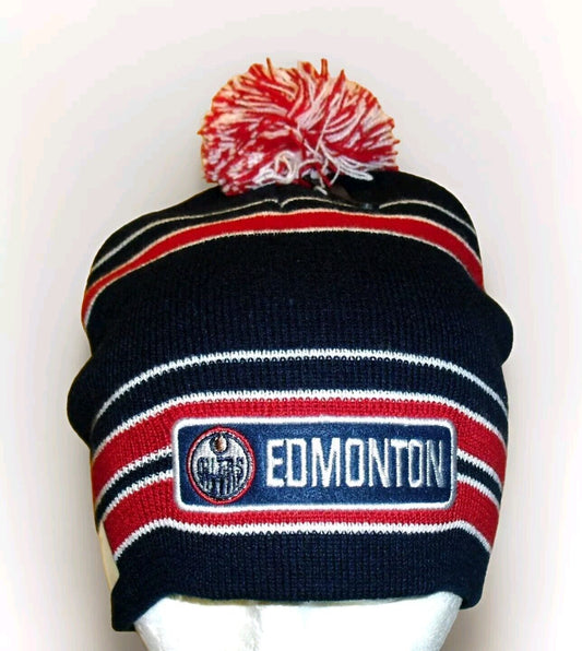 Edmonton Oilers Mens Adult Stripes Beanie Pom Winter Hat Cap New Nhl