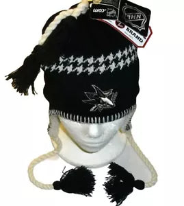 San Jose Sharks Zephyr Mens Adult Black Beanie Tassels Winter Hat Cap New Nhl