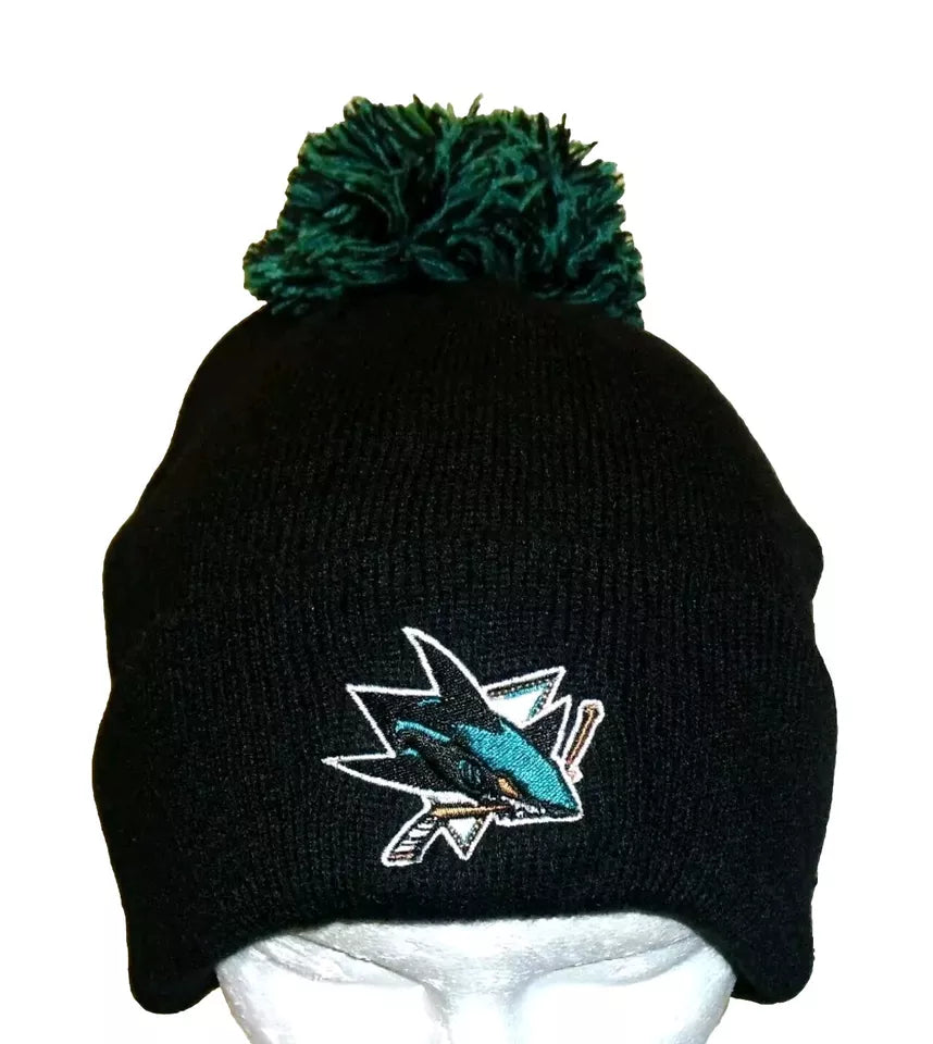 San Jose Sharks Mens Zephyr Adult Black Beanie Pom Cuffed Winter Hat Cap New Nhl