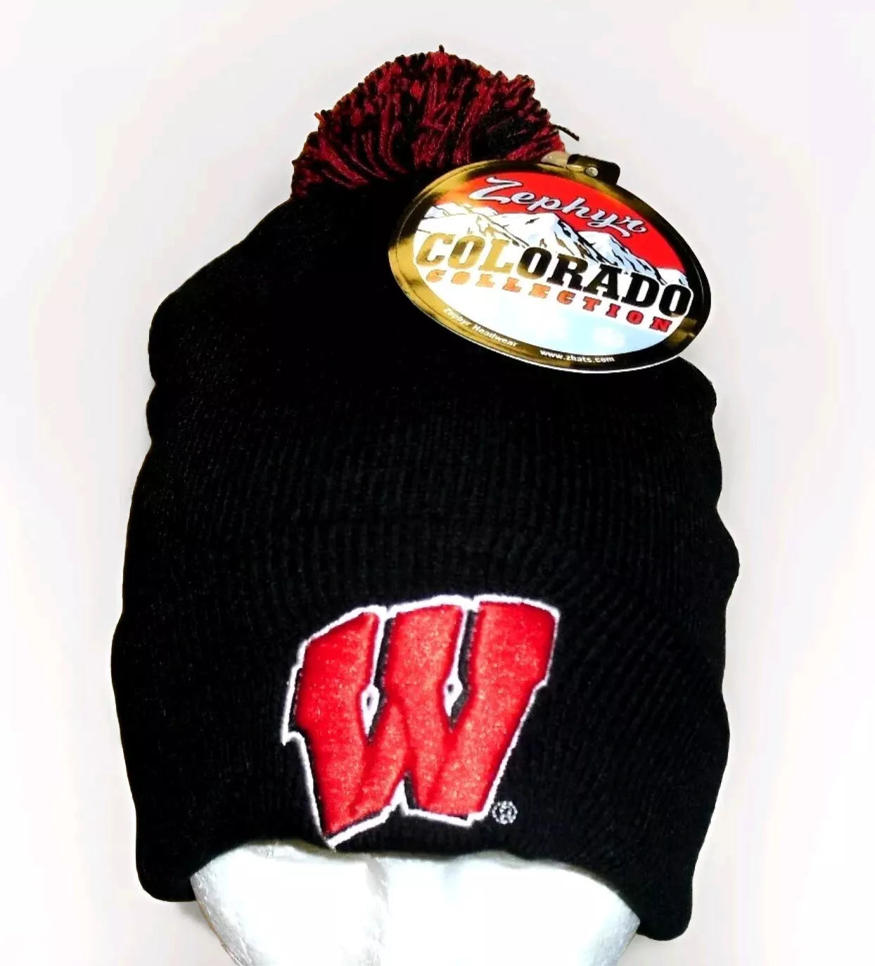 Wisconsin Badgers University Mens Zephyr Black Winter Pom Beanie Hat Cap New Tag