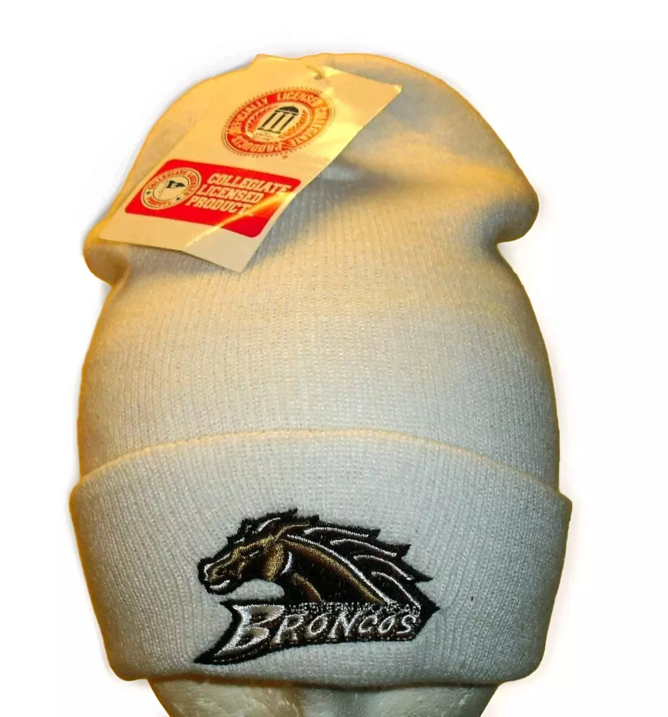 Western Michigan Broncos 90s Vintage Mens Cuffed White Beanie Winter Hat Cap New