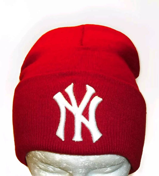 New York Yankees Vintage 90s Mens White Logo Red Beanie Winter Cuffed hat New